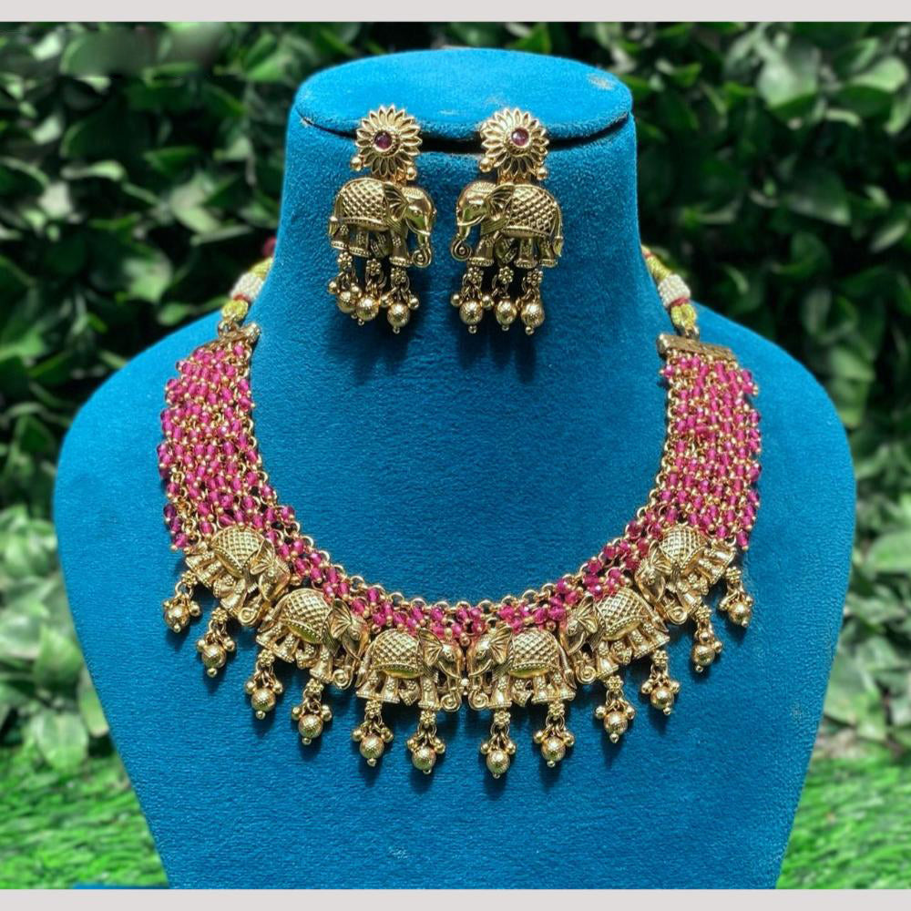 Amoliya Jewels Gold Plated Pota Stone And Beads Temple Necklace Set