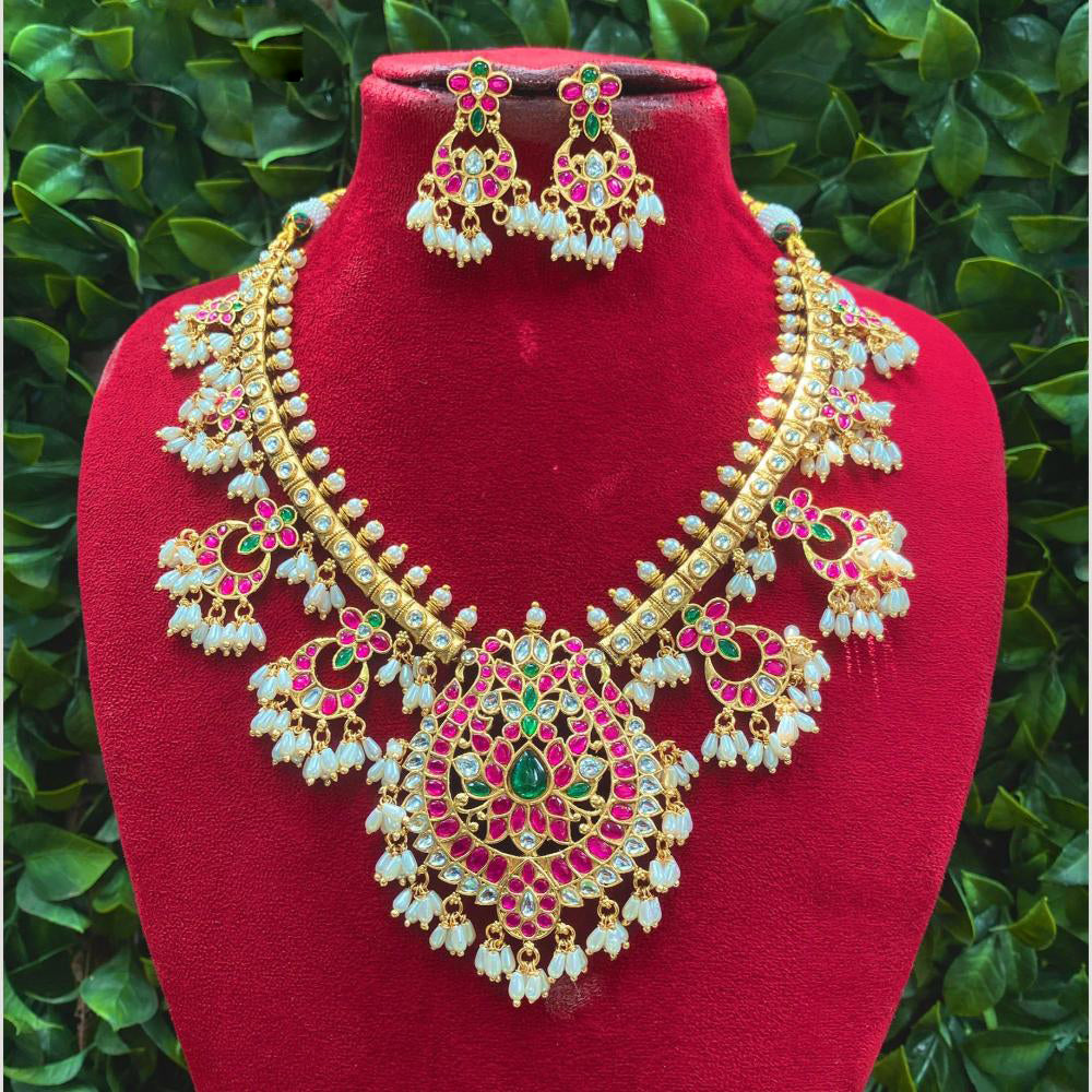 Amoliya Jewels Ethnic Pota Stone And Pearl Necklace Jewellery Set