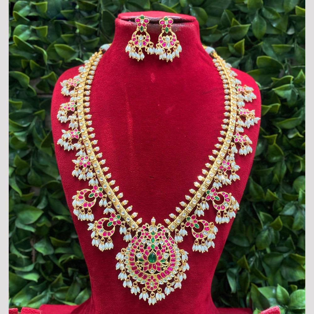 Amoliya Jewels Designer Pota Stone And Pearl And Beads Long Necklace Set