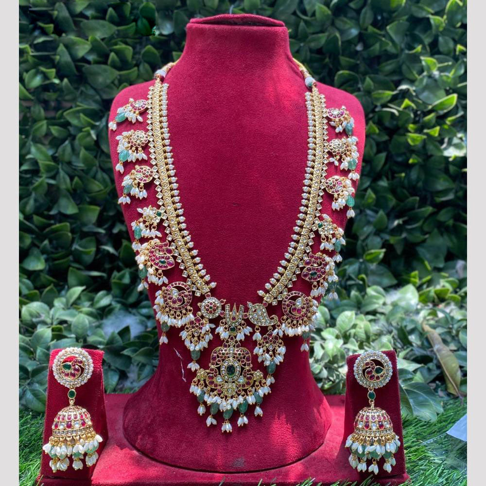 Amoliya Jewels Designer Pota Stone And Pearl And Beads Long Necklace Set