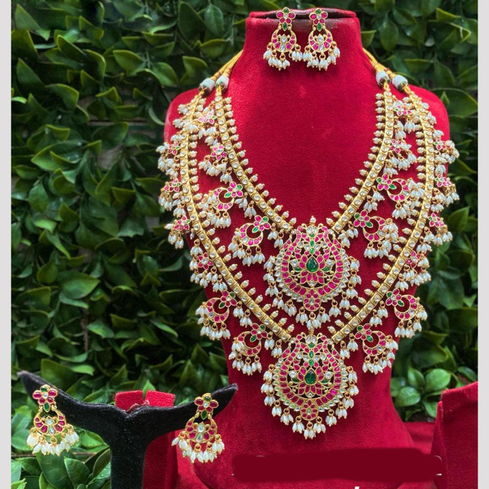 Amoliya Jewels Designer Pota Stone And Pearl And Beads Double Necklace Set