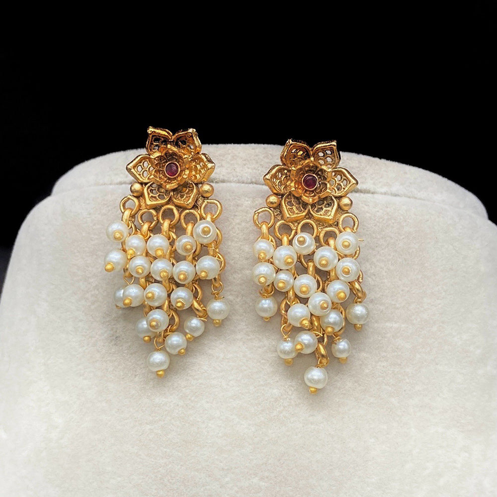 Amoliya Jewels Royal Look Flower With Pearl Temple Dangler Earrings