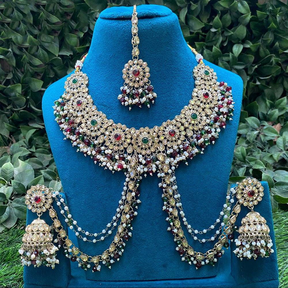 Amoliya Jewels Designer Pota Stone Pearl And Crystal Jhumki Set With Maangtikka