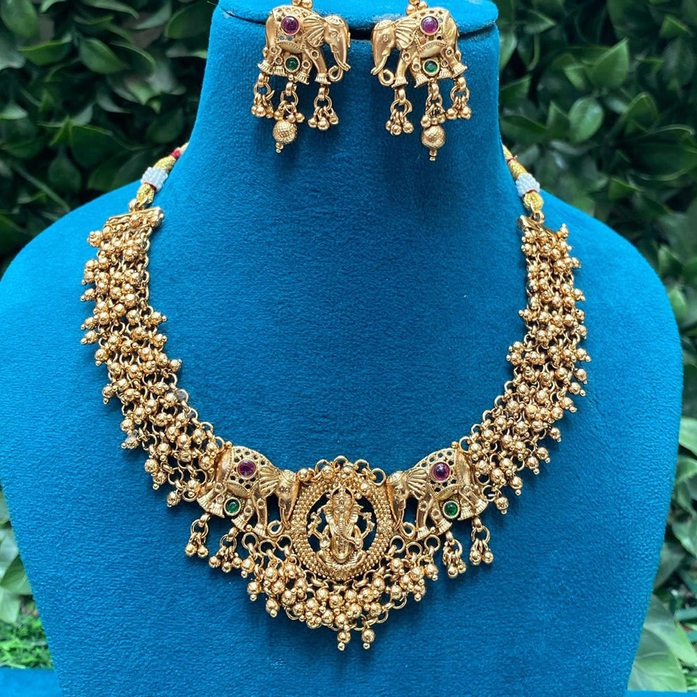 Amoliya Jewels Gold Plated Pota Stone And Pearls Temple Necklace Set