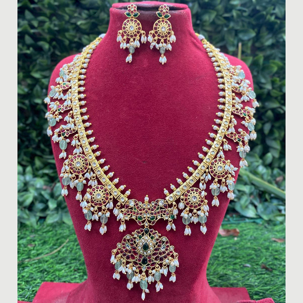Amoliya Jewels Designer Pota Stone And Pearl And Beads Long Necklace Set