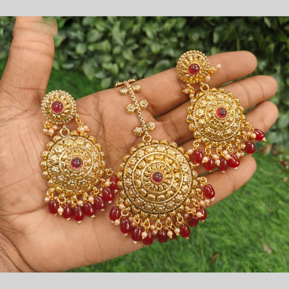 Amoliya Jewels Royal Pota Stone And Pearl Dangler Earrings With Maangtikka