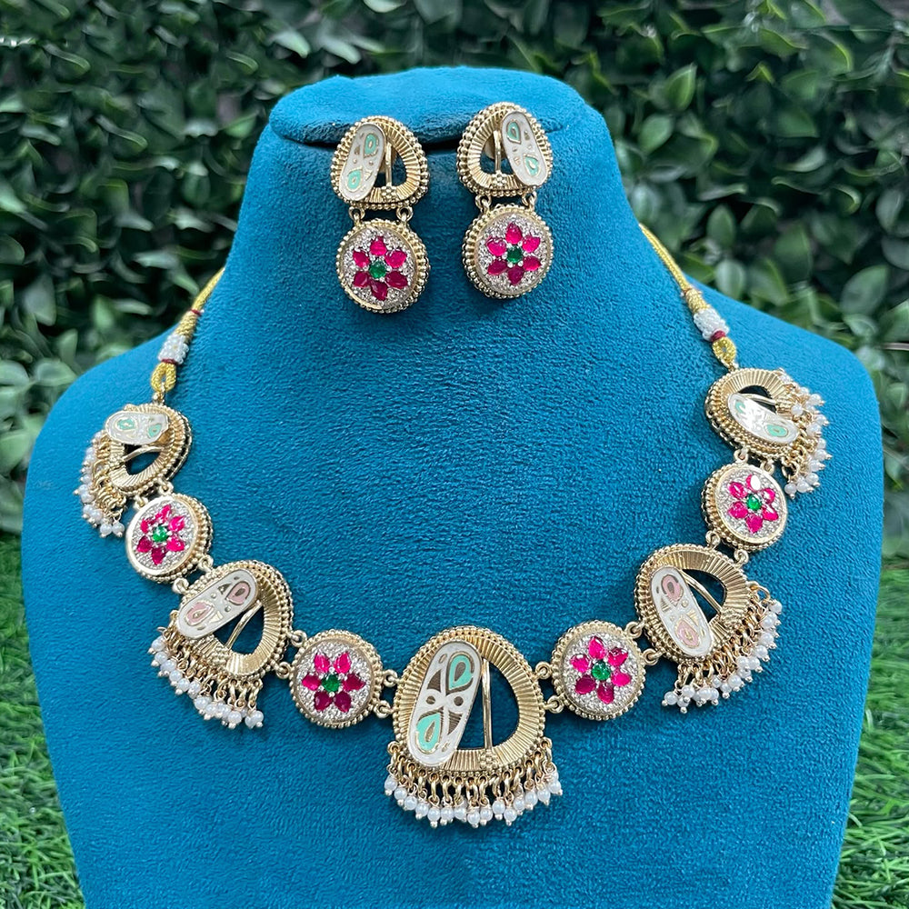 Amoliya Jewels Traditional Pota Stone And Pearl Meenakari Necklace Set