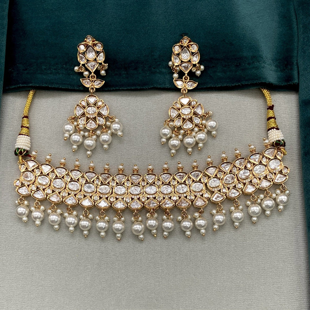 Amoliya Jewels Classic Polki Kundan Stone And Pearl Choker Necklace Set