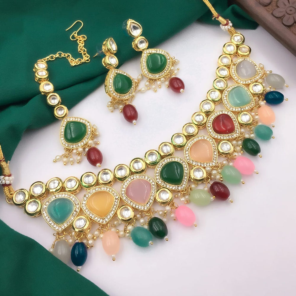 5G Jewellery Gold Plated Kundan Stone And Beads Necklace Set
