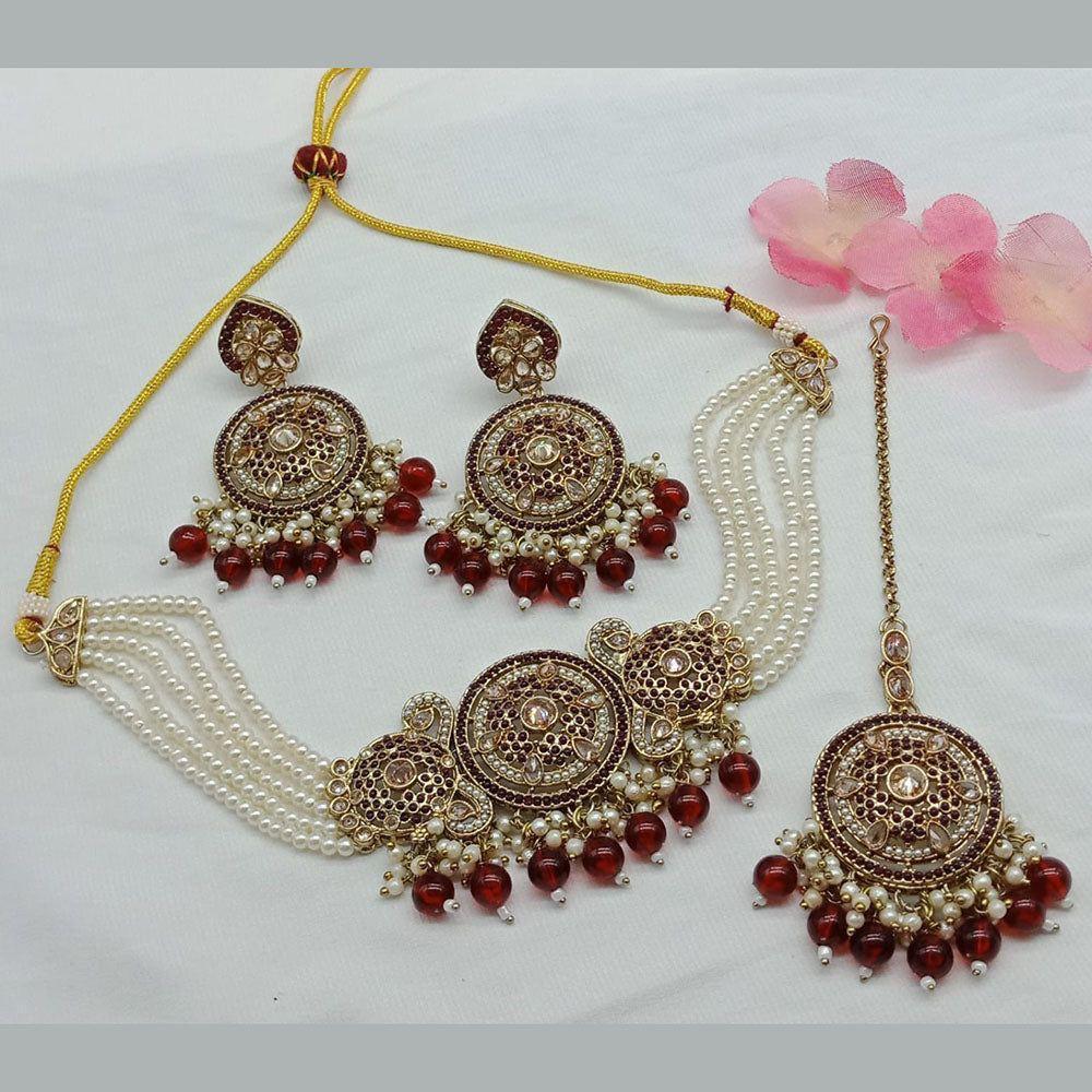 Anjali Jewellery Gold Plated Crystal Stone And Pearls Choker Necklace Set