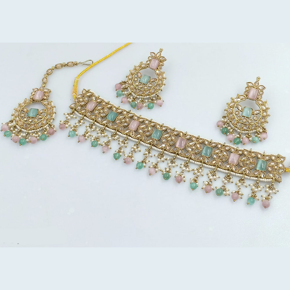 Rajwadi Collection Gold Plated Crystal Stone Pearl And Beads Choker Necklace Set