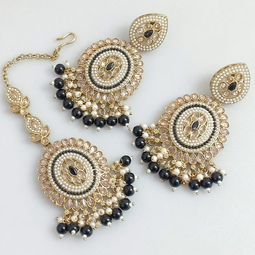 Rajwadi Collection Gold Plated Crystal Stone Pearl And Beads Dangler Earrings With Maangtika
