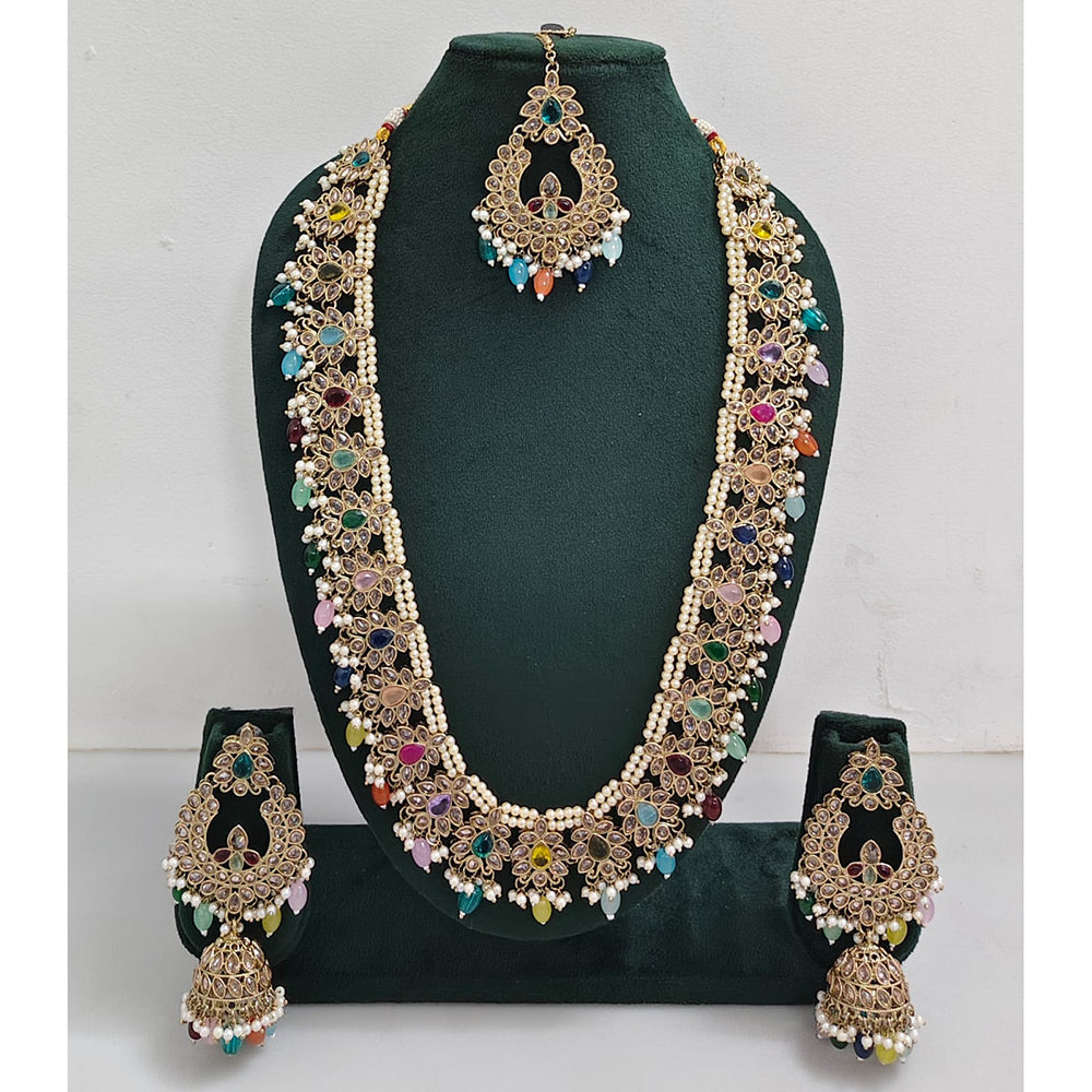 Rajwadi Collection Sparkling Crystal Stone And Pearl Long Necklace Set