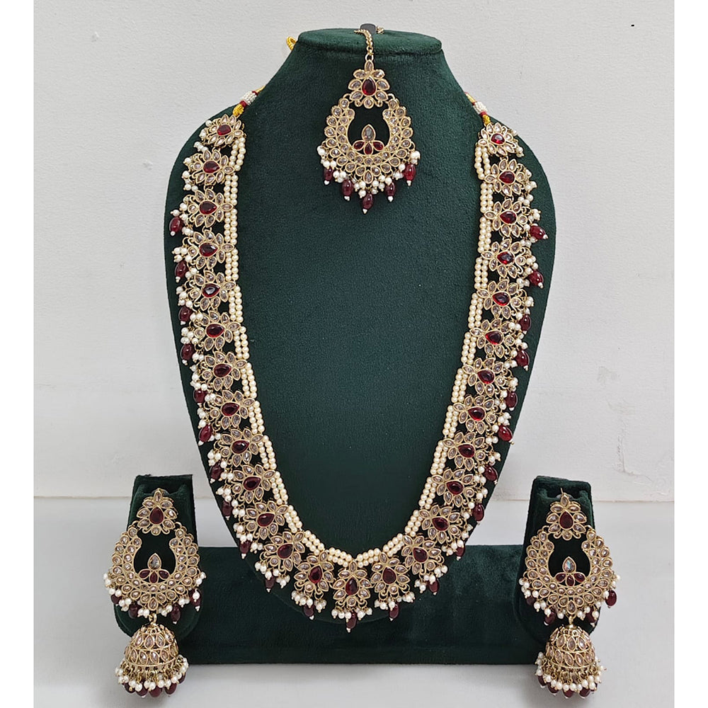 Rajwadi Collection Sparkling Crystal Stone And Pearl Long Necklace Set