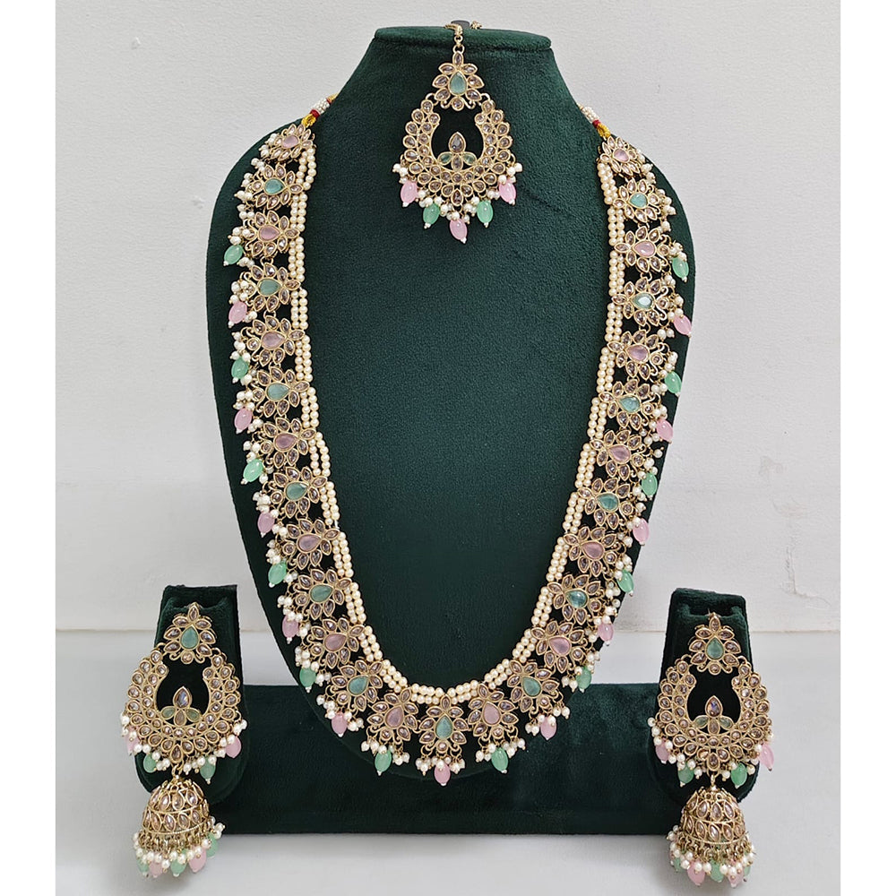 Rajwadi Collection Sparkling Crystal Stone And Pearl Long Necklace Set
