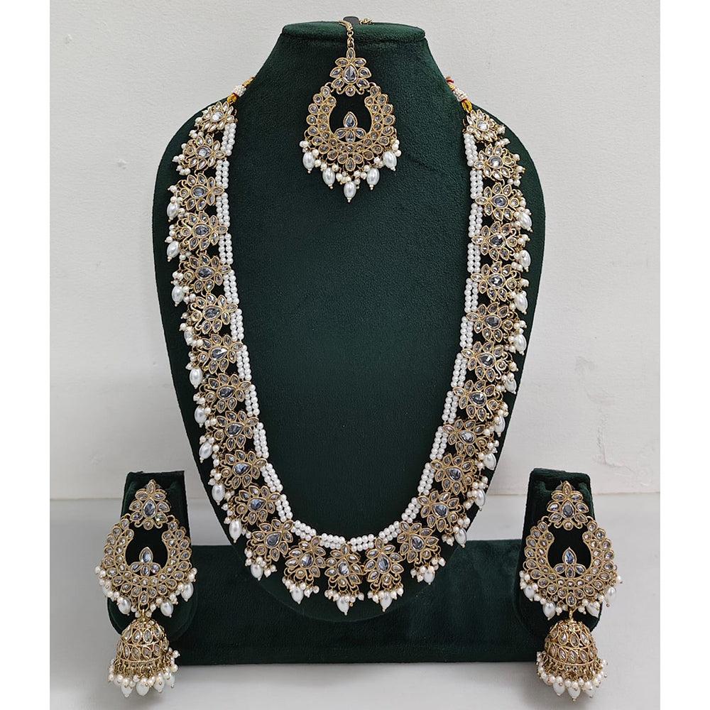 Rajwadi Collection Sparkling Crystal Stone And Pearl Long Necklace Set