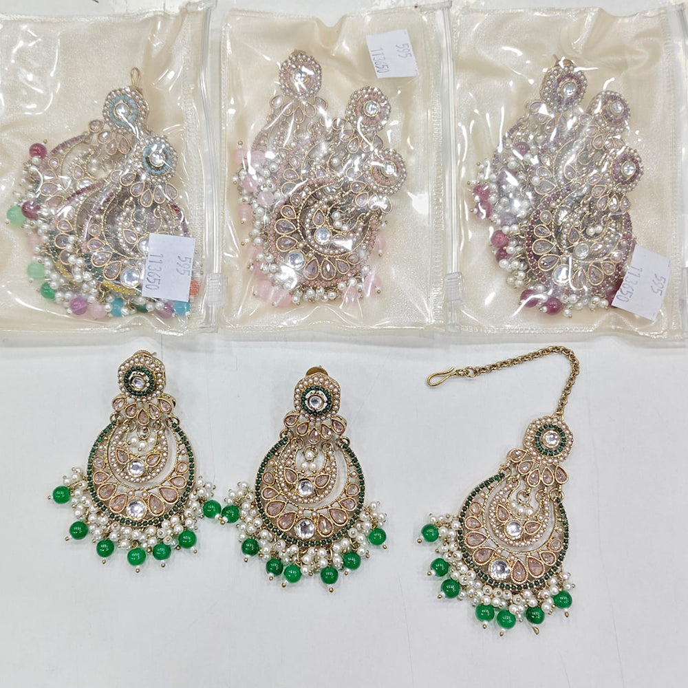 Rajwadi Collection Premium Shine Crystal And Pearl Dangler Earrings With Maangtikka