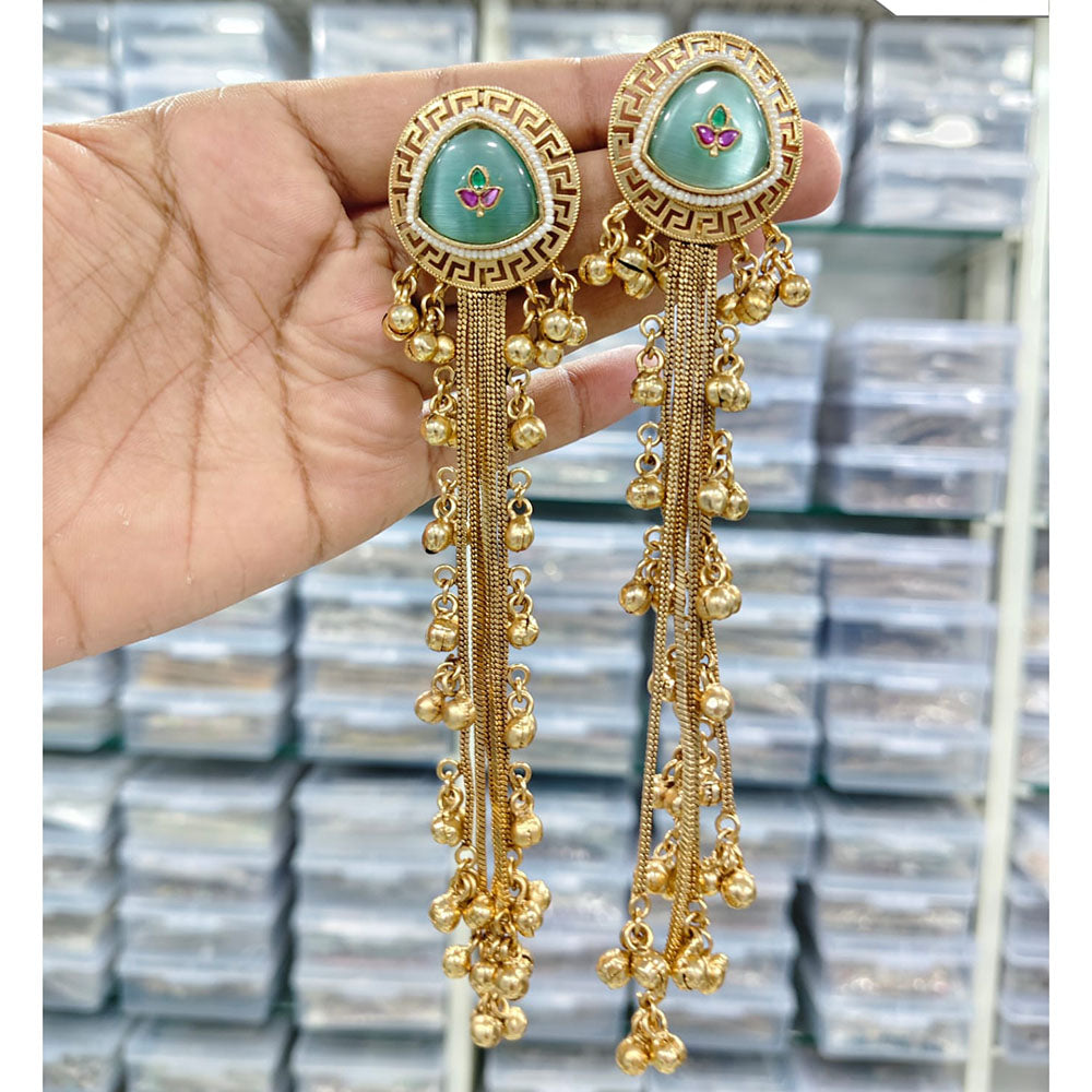 Rajwadi Collection Royal Kashmiri Long Pota Stone And Ghungroo Dangler Earrings