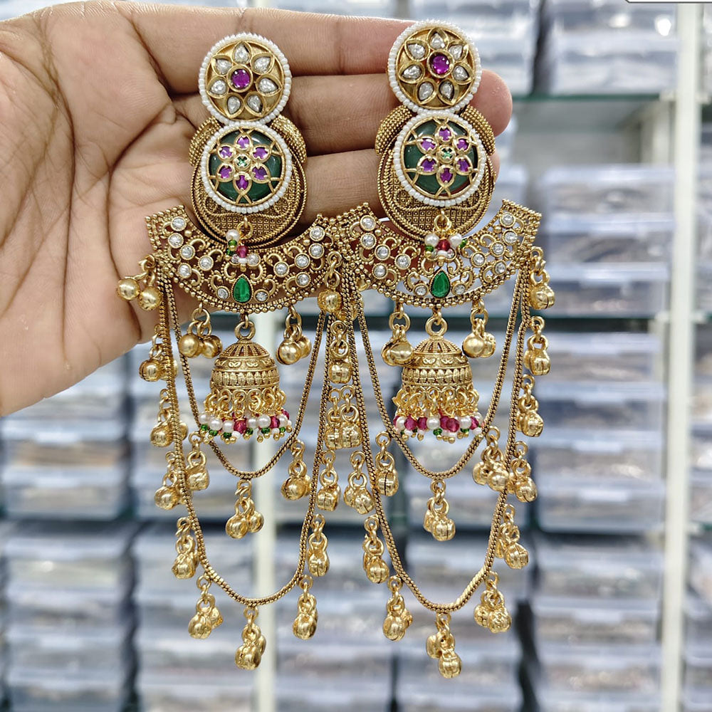 Rajwadi Collection Royal Kashmiri Long Pota Stone And Ghungroo Jhumki Earrings