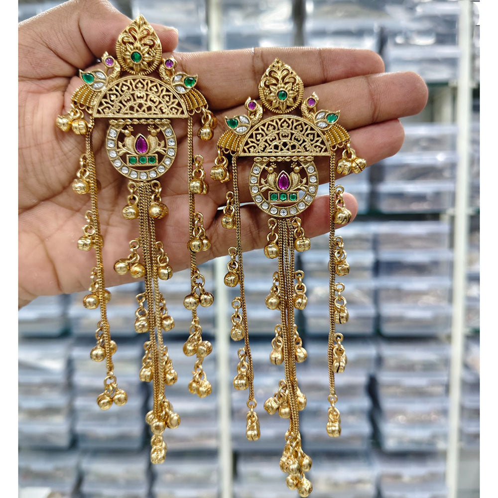 Rajwadi Collection Royal Kashmiri Long Pota Stone And Ghungroo Dangler Earrings