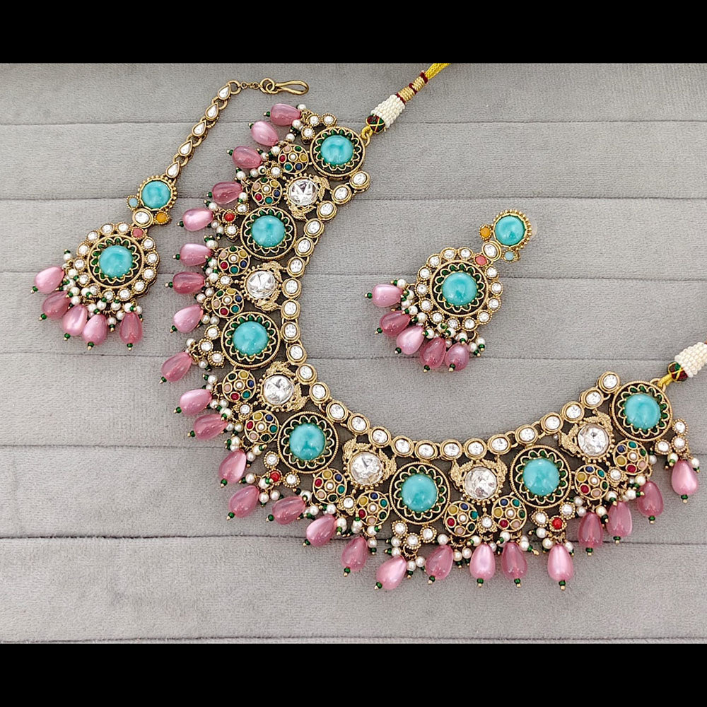Rajwadi Collection Graceful Pota Stone And Pearl Necklace Set With Earrings