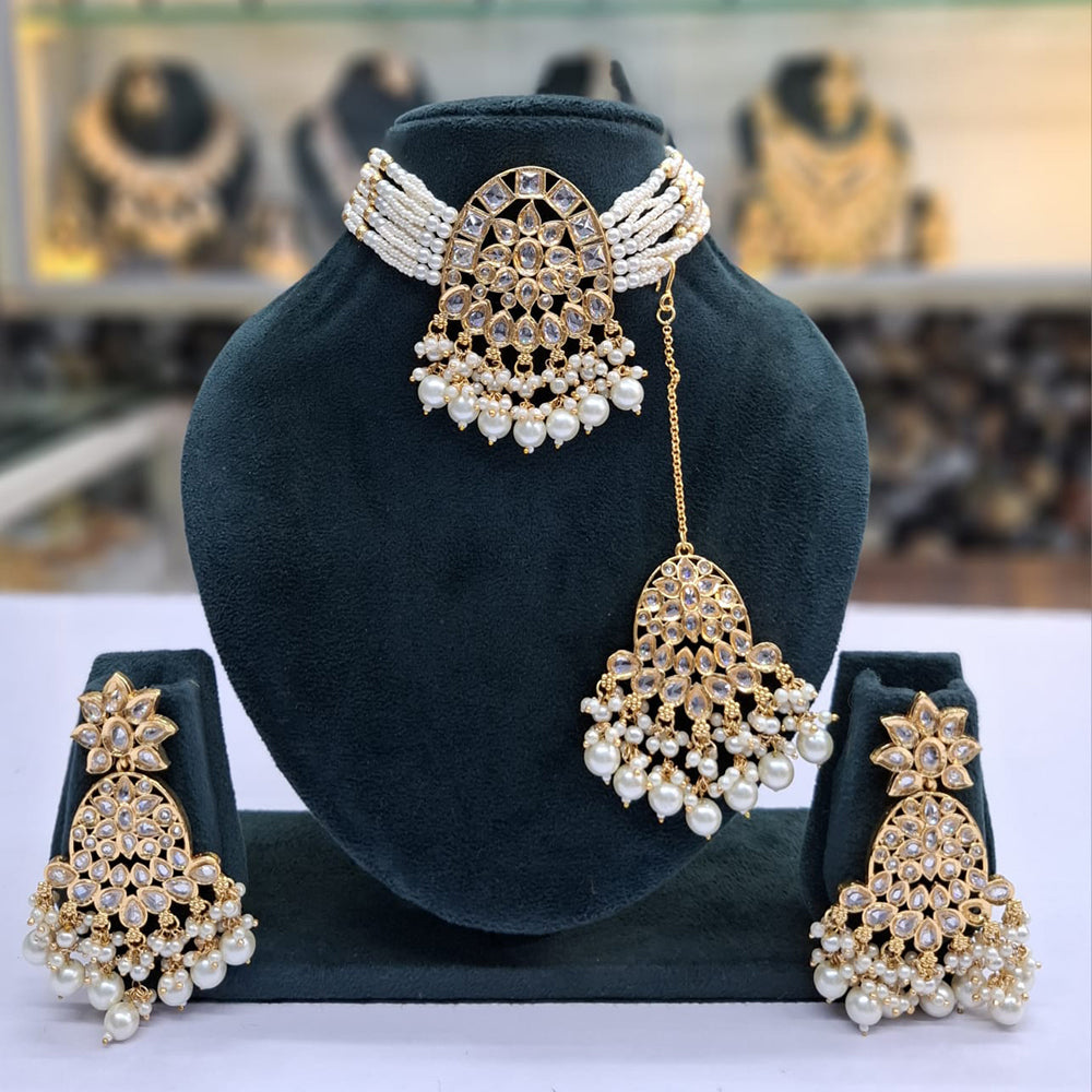 Rajwadi Collection Grand Crystal Stone Pearl And Beads Choker Necklace Set