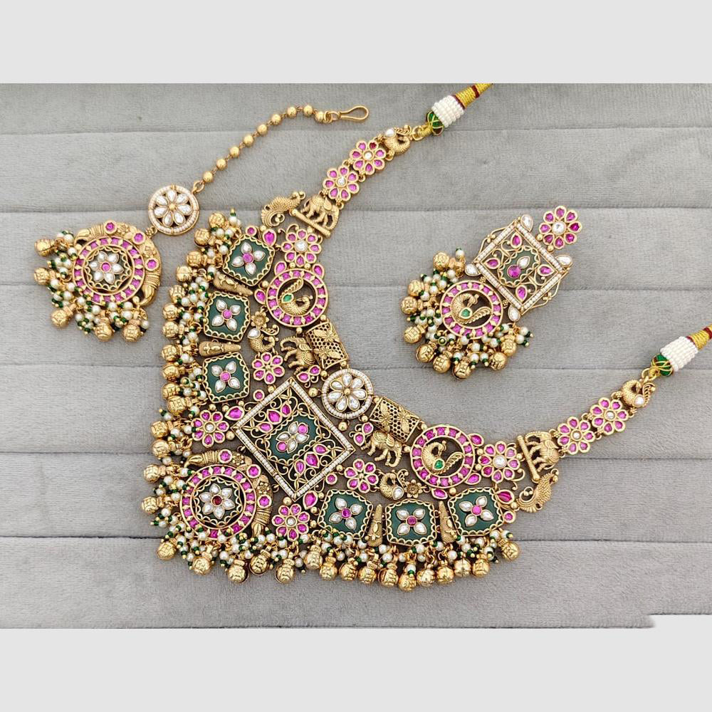 Rajwadi Collection Glam Pota Stone Beads And Pearl Elephent Design Necklace Set