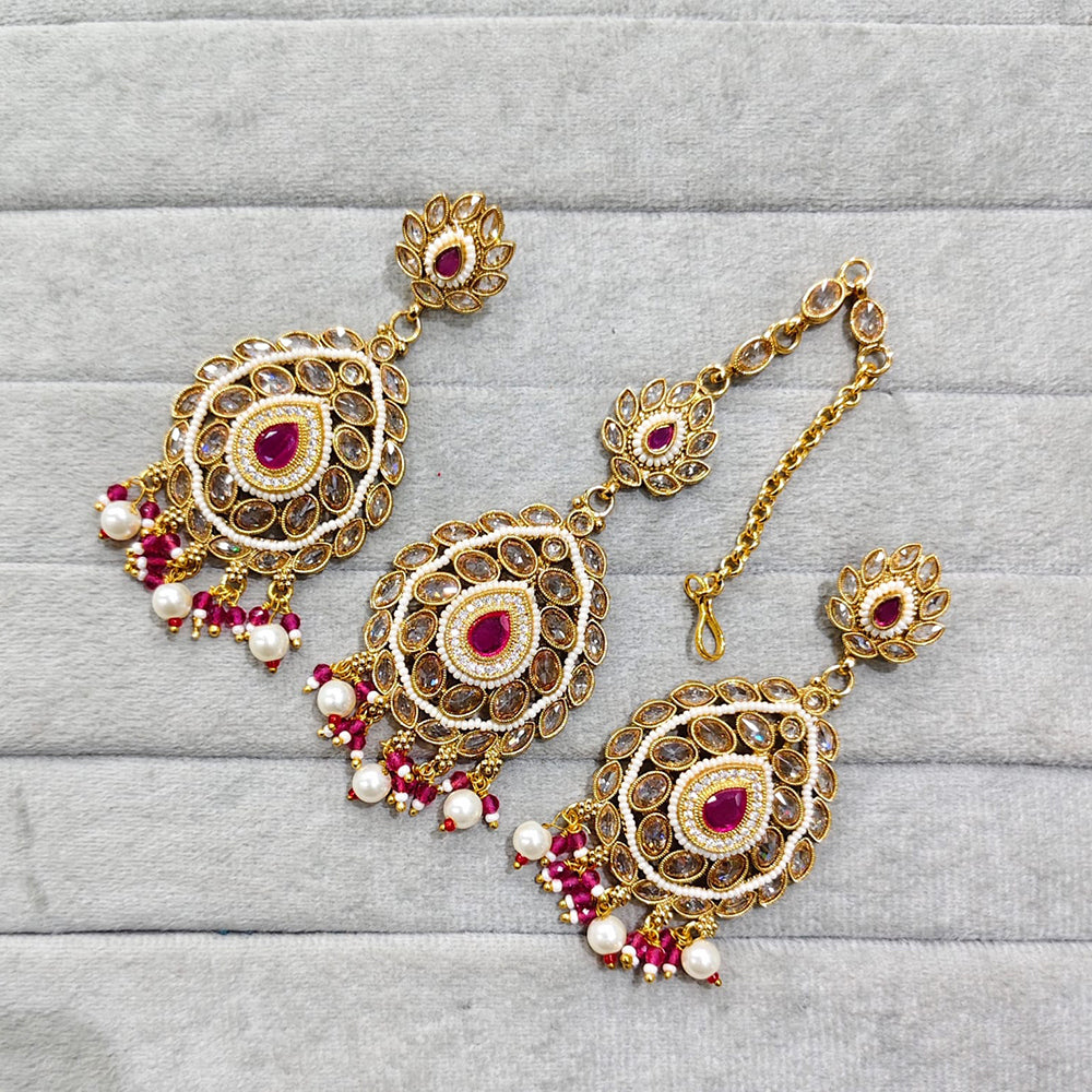 Rajwadi Collection Royal Crystal Stone And Pearl Designer Dangler Earrings With Maangtikka