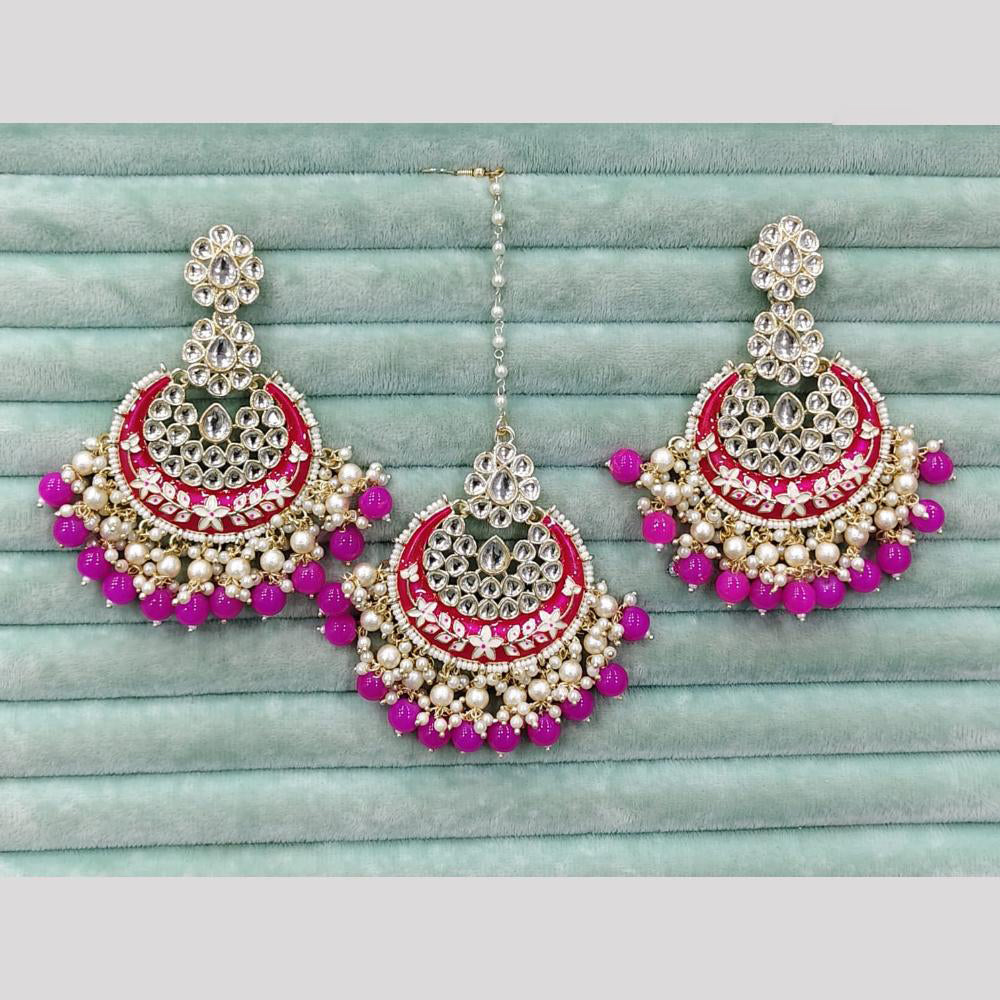 Rajwadi Collection Elegant Kundan Stone and Pearl Meenakari Dangler Earrings With Maangtikka