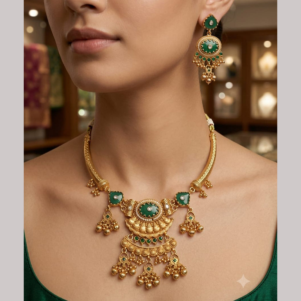 Rajwadi Collection Premium Pota Stone And Pearl Necklace Set