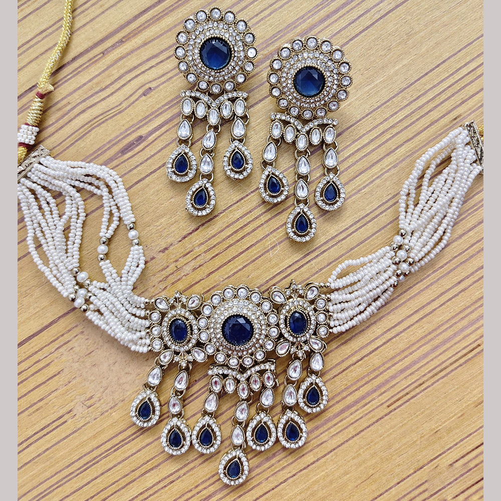 Rajwadi Collection Premium Pota Stone And Pearl Choker Necklace Set