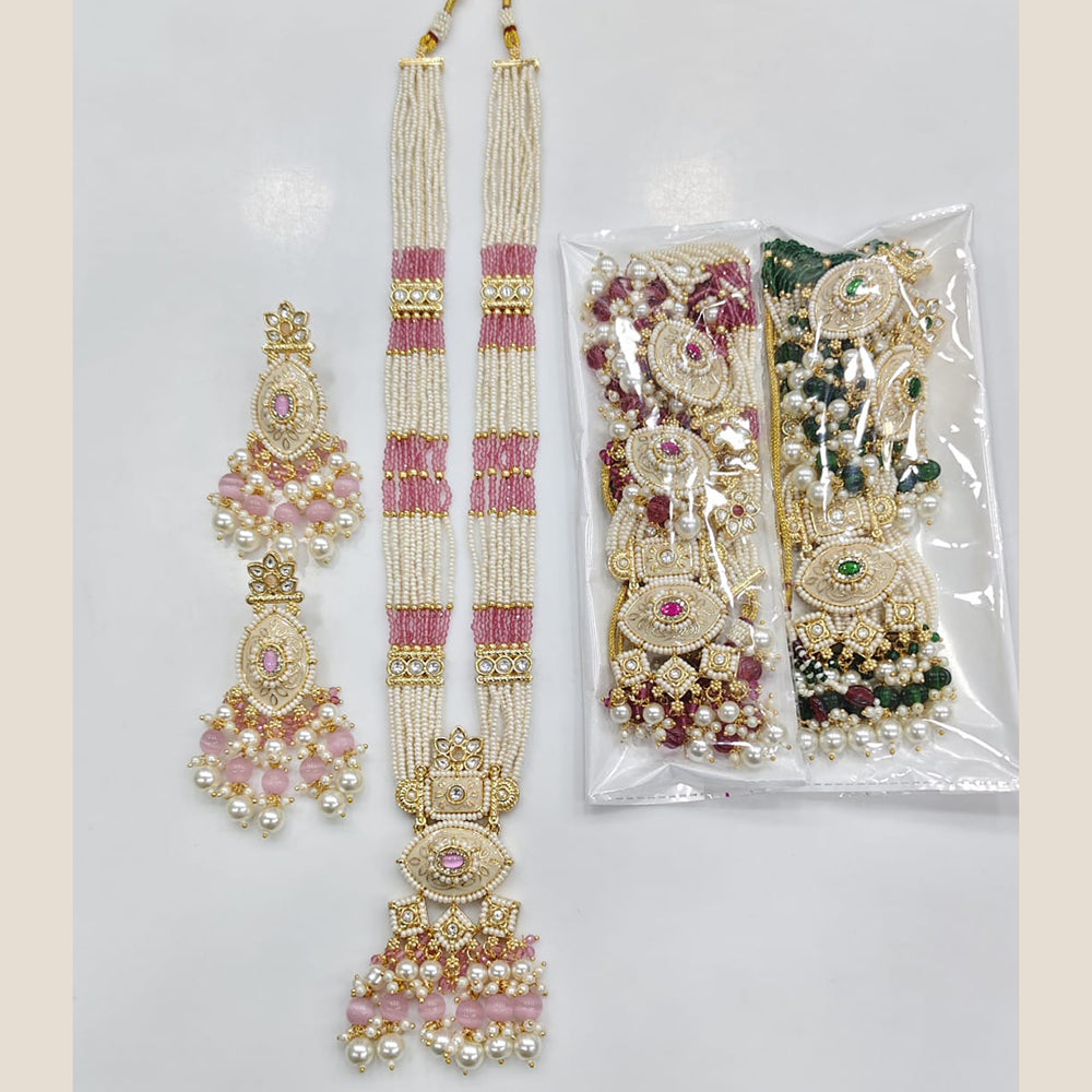 Rajwadi Collection Premium Pota Stone And Pearl Meenakari Long Necklace Set