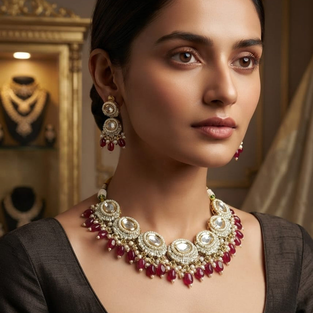 Rajwadi Collection Elegant Kundan Stone Pearl And Beads Necklace Set