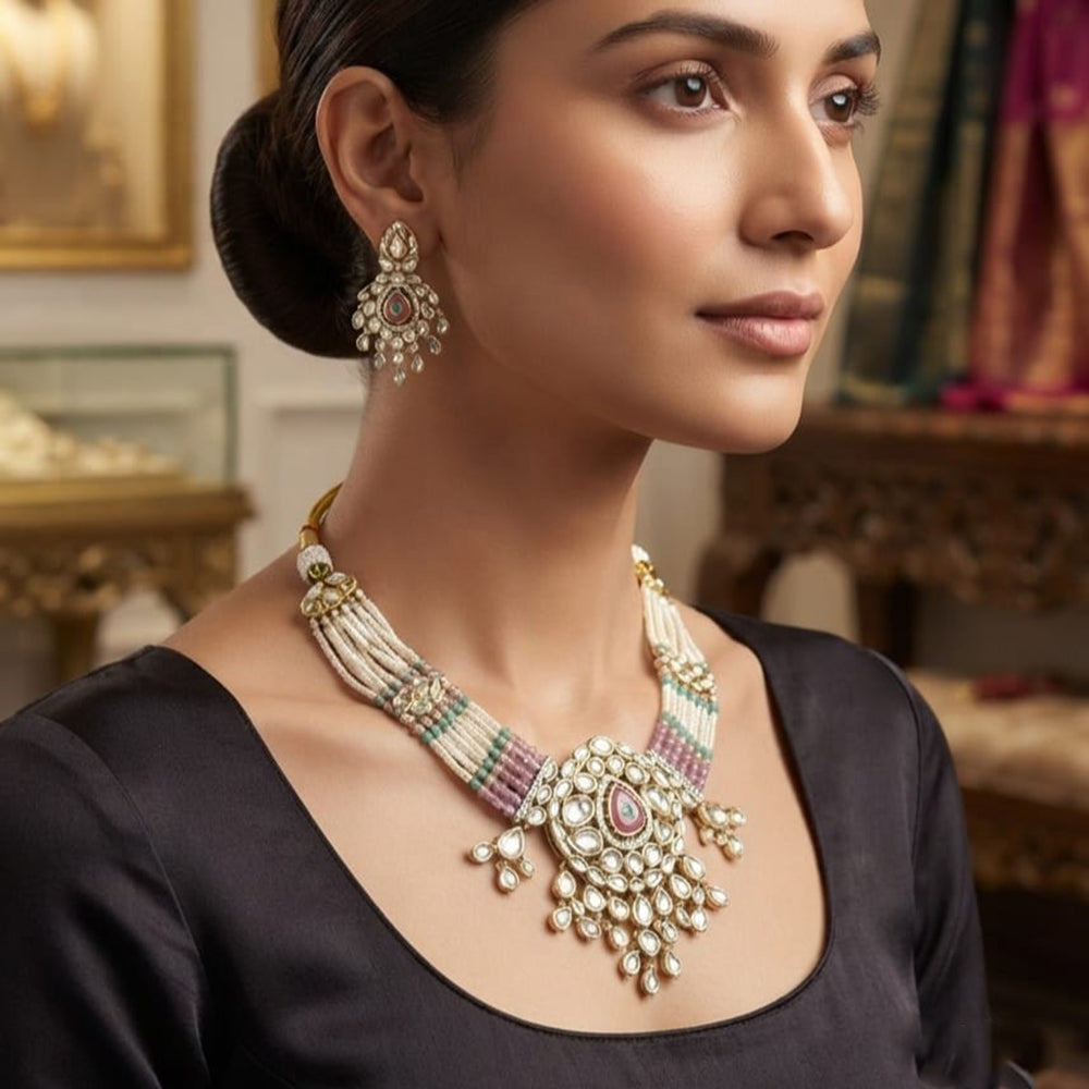 Rajwadi Collection Exquisite Polki Kundan Stone Pearl And Beads Necklace Set