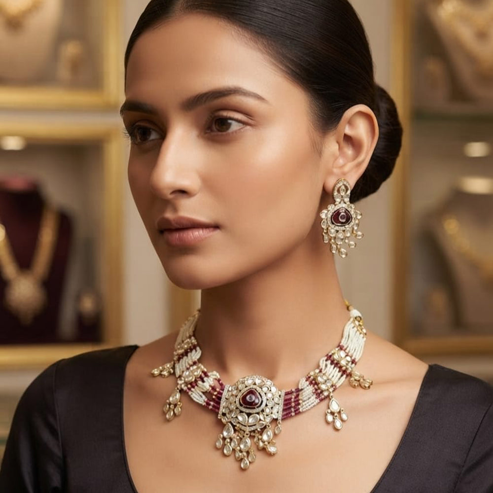 Rajwadi Collection Exquisite Polki Kundan Stone Pearl And Beads Necklace Set