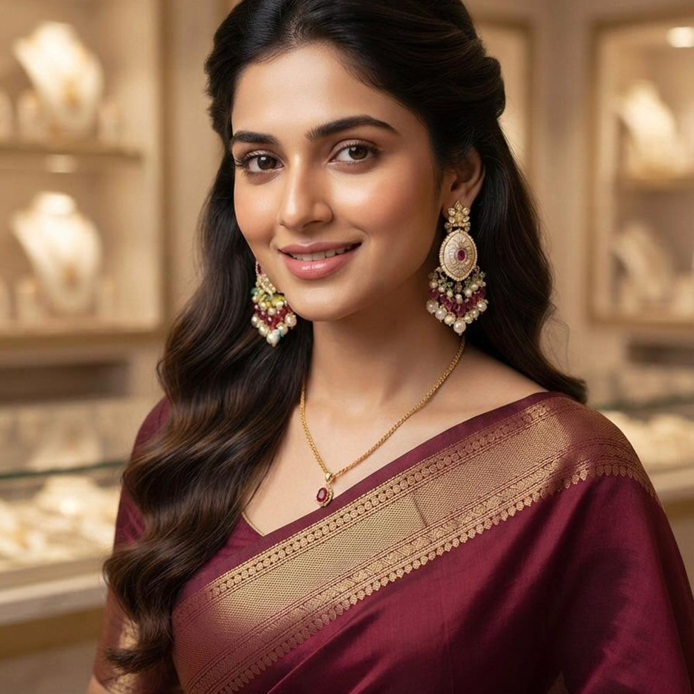 Rajwadi Collection Elegant Kundan Stone and Pearl Meenakari Dangler Earrings