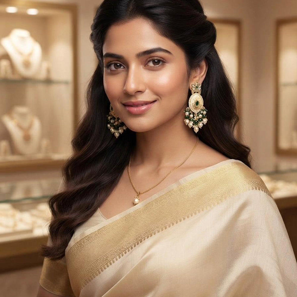 Rajwadi Collection Elegant Kundan Stone and Pearl Meenakari Dangler Earrings