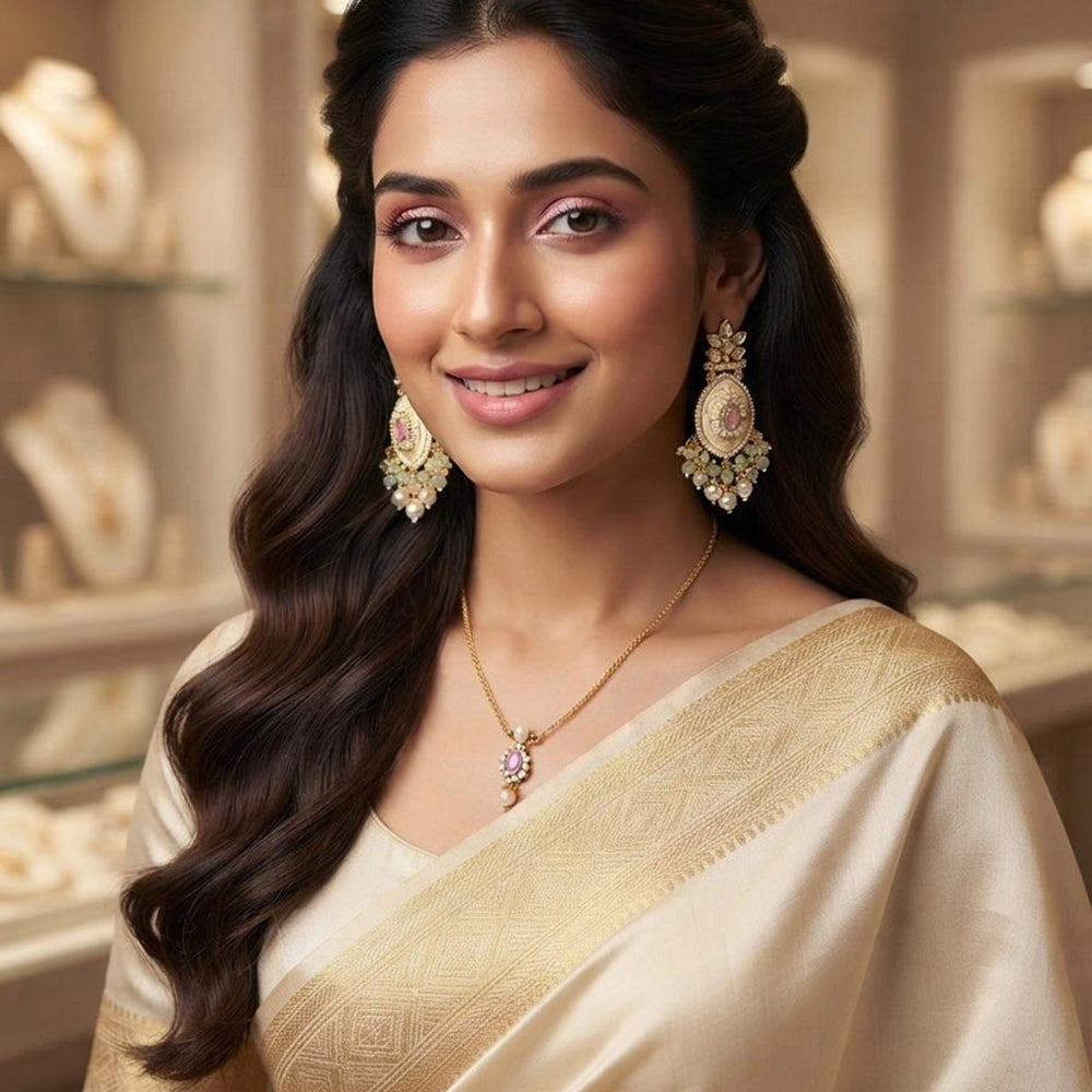 Rajwadi Collection Elegant Kundan Stone and Pearl Meenakari Dangler Earrings