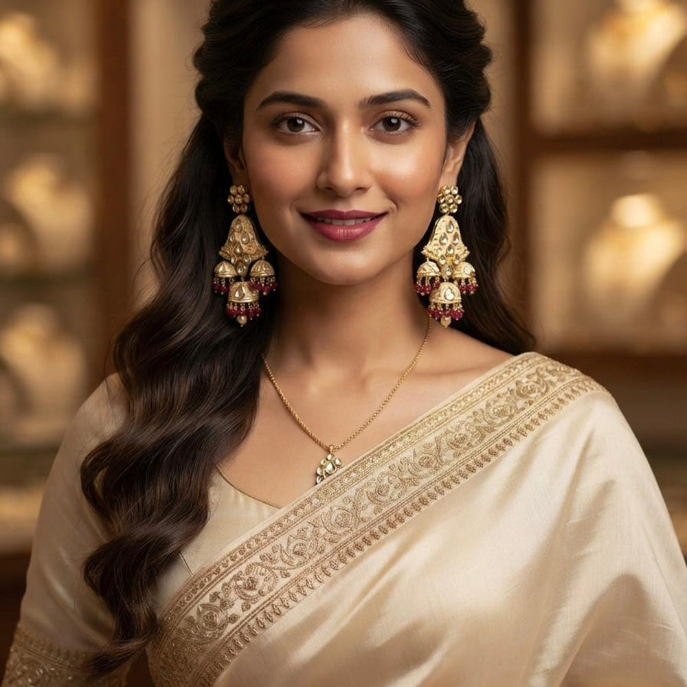 Rajwadi Collection Elegant Kundan Stone and Pearl Meenakari Jhumki Earrings