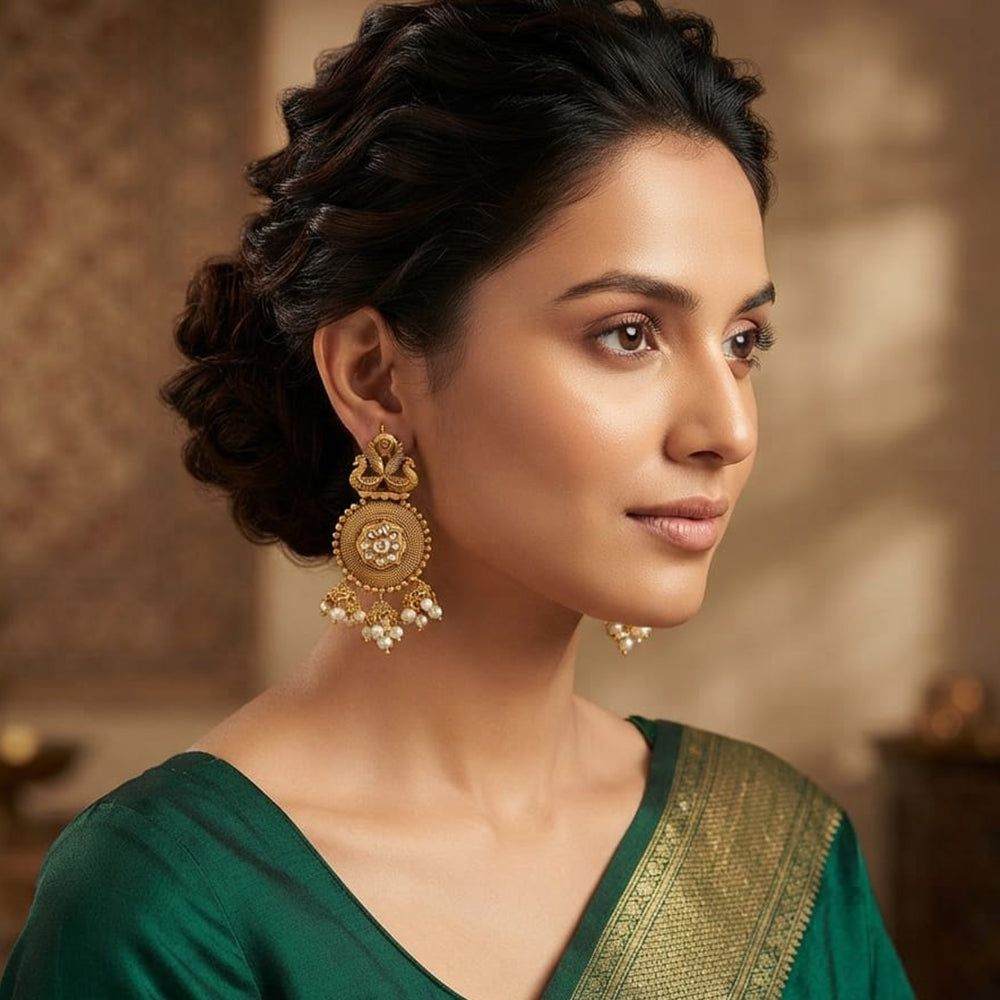 Rajwadi Collection Elegant Pota Stone And Pearl Dangler Earrings