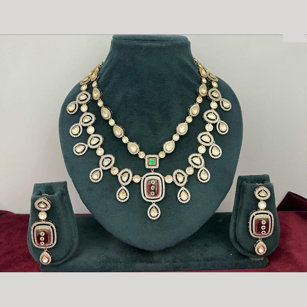 Rajwadi Collection Stylish Pota Stone And Polki Kundan Necklace Set