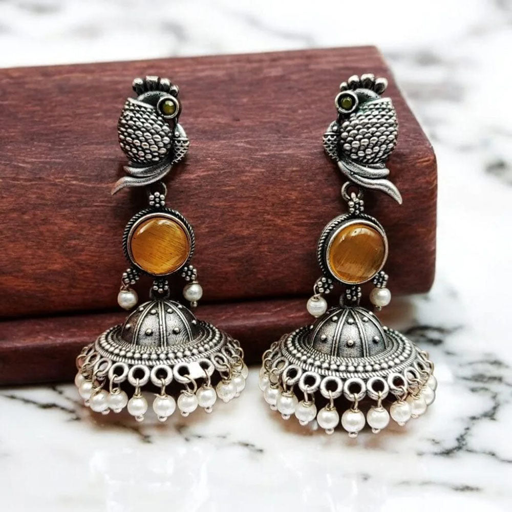 Maharani Jewels Oxidised Plated Pota Stone And Pearl Jhumki Earrings
