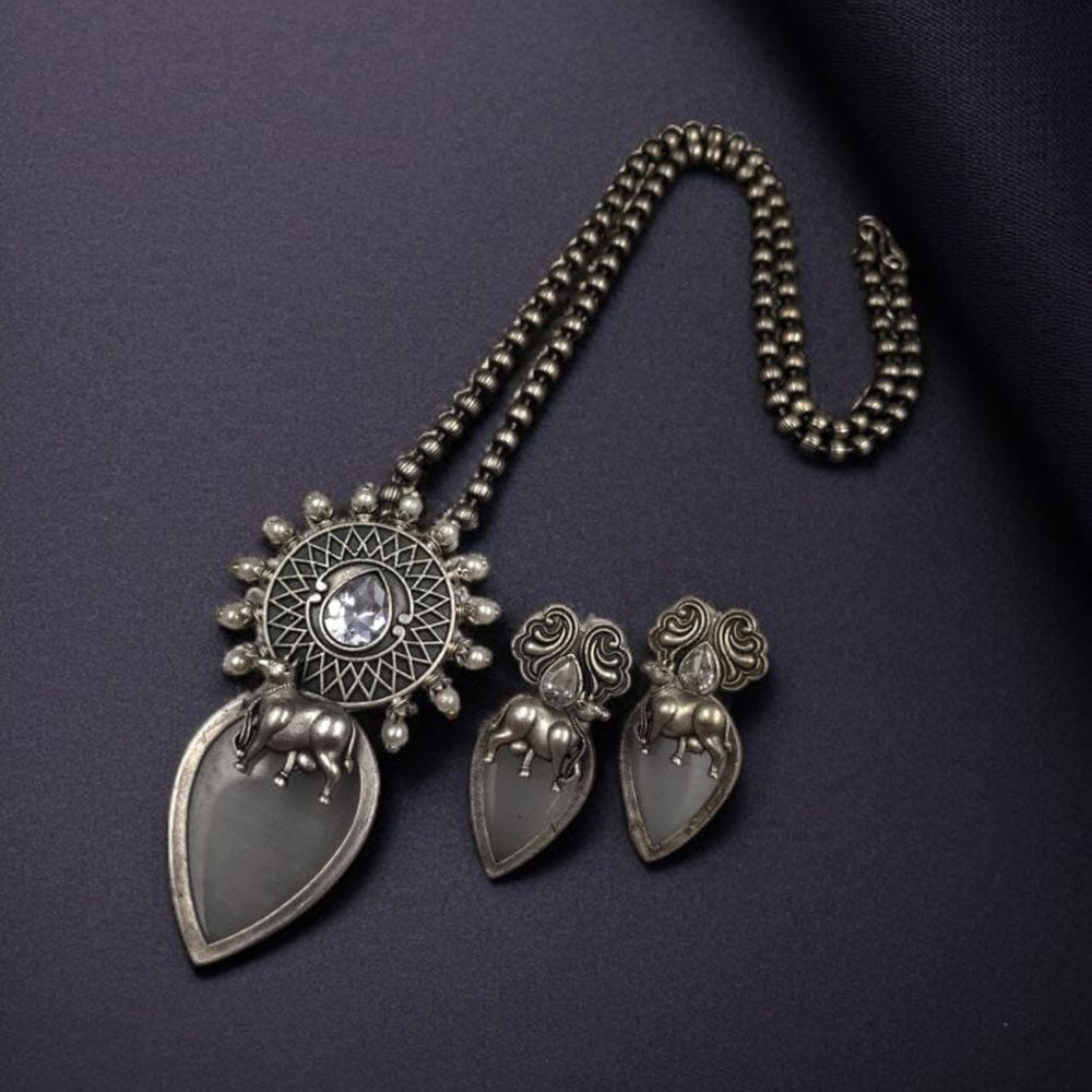 Maharani Jewels Oxidised Plated Pota Stone And Pearls Long Necklace Set