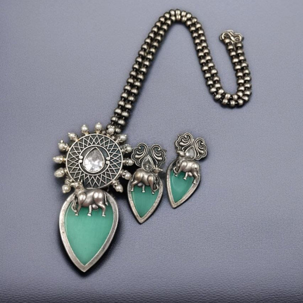 Maharani Jewels Oxidised Plated Pota Stone And Pearls Long Necklace Set