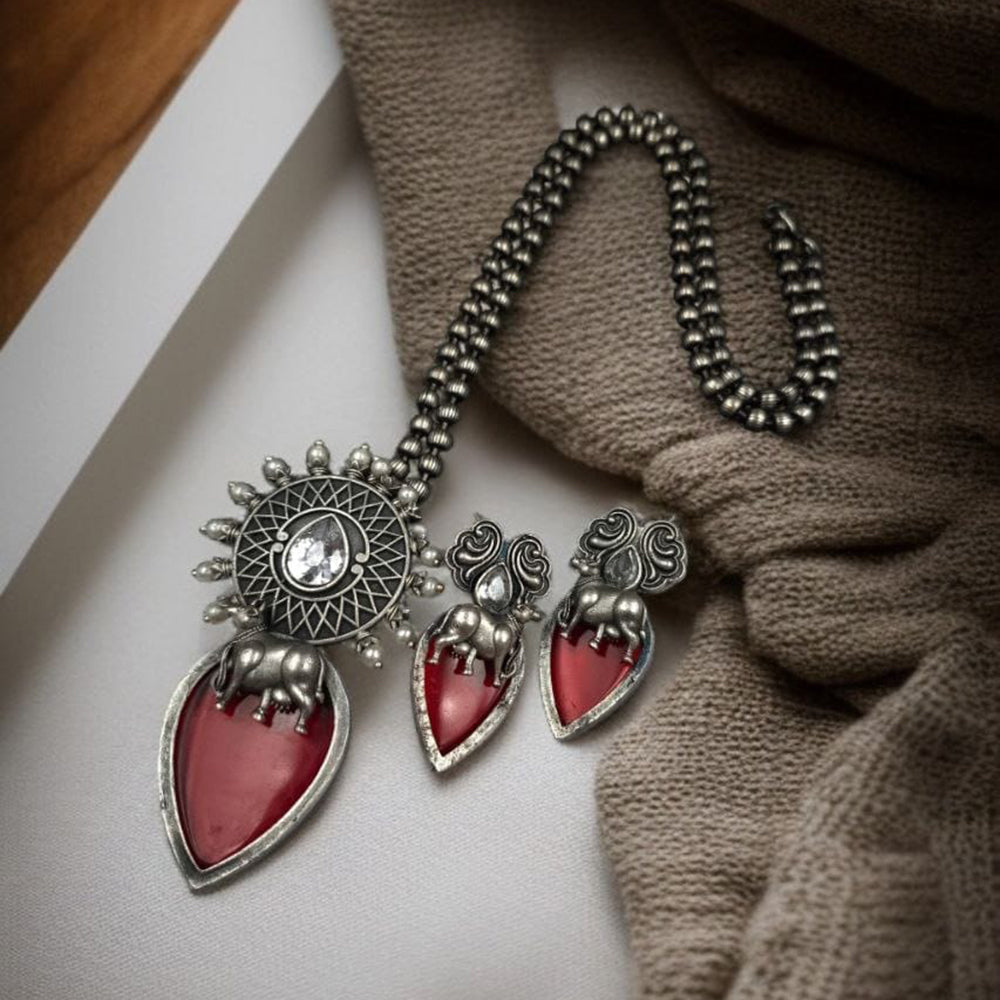 Maharani Jewels Oxidised Plated Pota Stone And Pearls Long Necklace Set