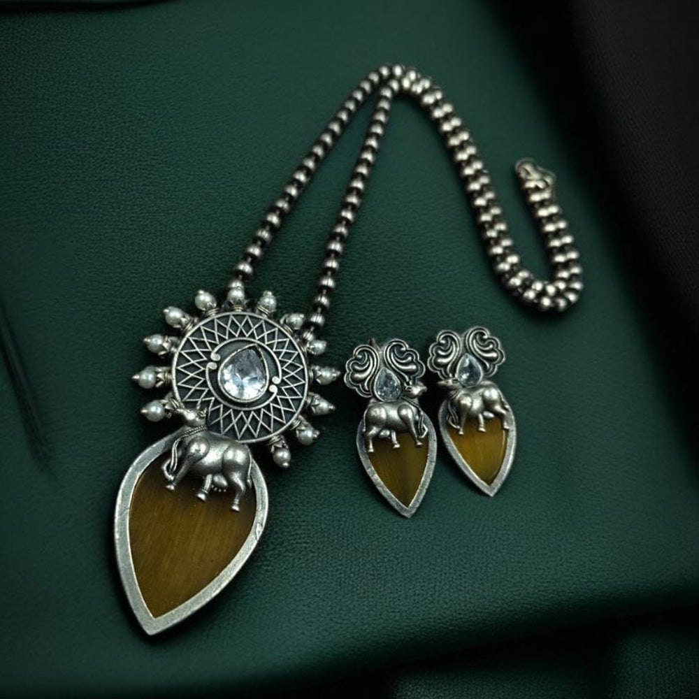 Maharani Jewels Oxidised Plated Pota Stone And Pearls Long Necklace Set