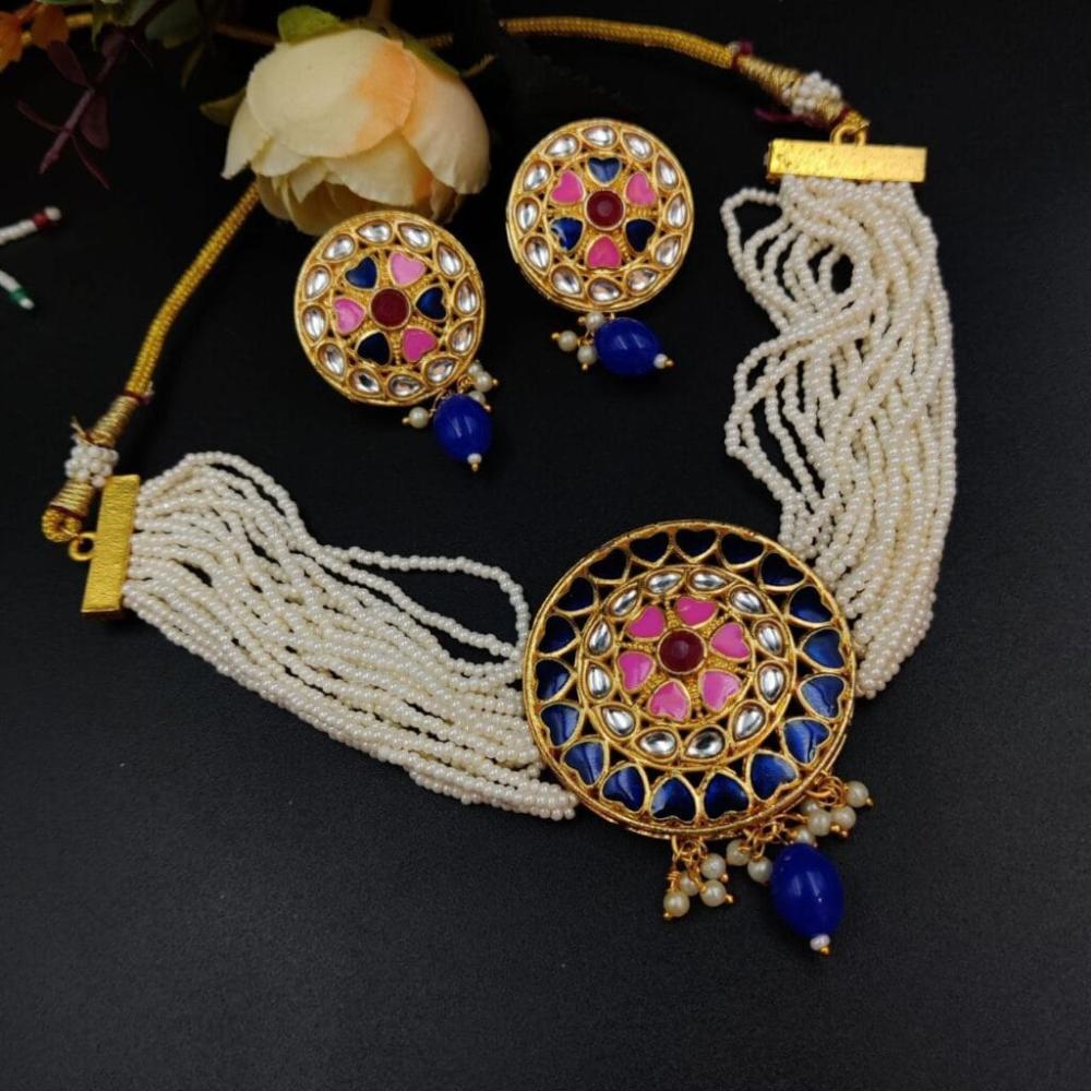 Maharani Jewels Gold Plated Kundan Stone And Pearl Meenakari Choker Necklace Set
