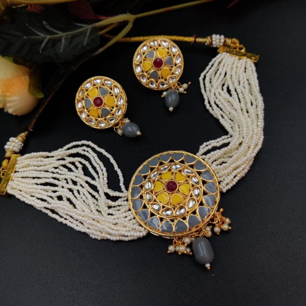 Maharani Jewels Gold Plated Kundan Stone And Pearl Meenakari Choker Necklace Set