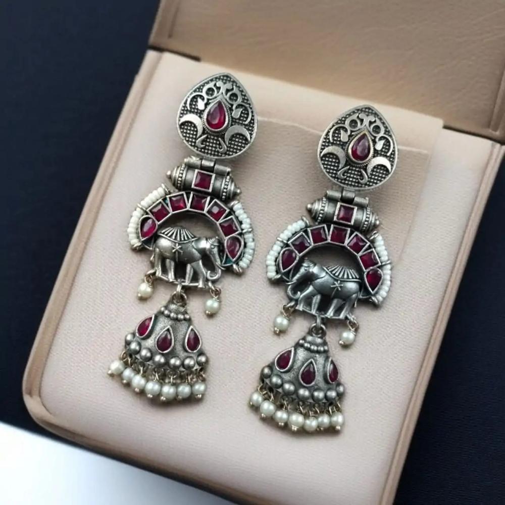 Maharani Jewels Inspired Oxidised Plated Pota & Pearl Detailing Jhumki Earrings