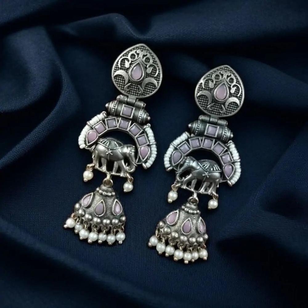 Maharani Jewels Inspired Oxidised Plated Pota & Pearl Detailing Jhumki Earrings